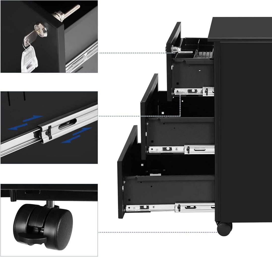 SONGMICS Rollcontainer, Metallschrank, mobiler Aktenschrank, Druckertisch, abschliessbar, 3 Schublad