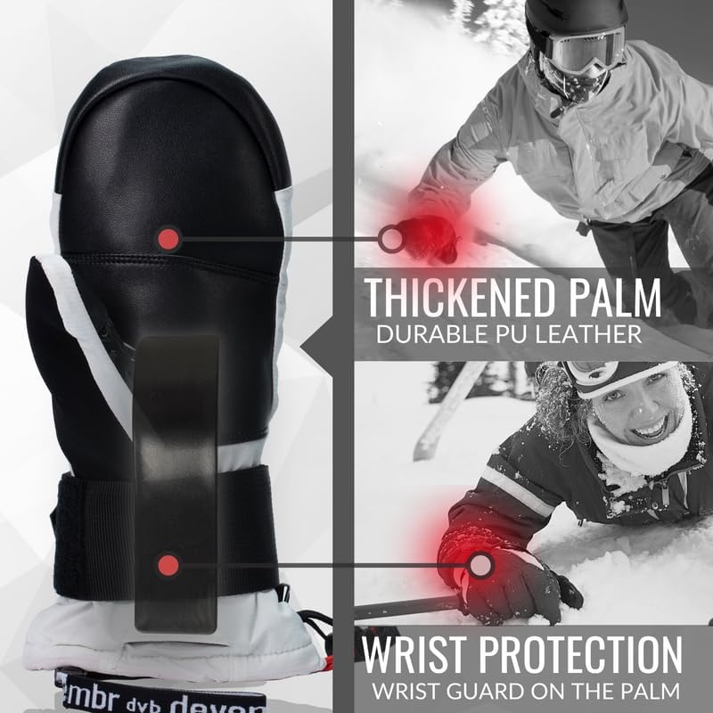 devembr Ski-Fäustlinge mit Handgelenkschützern, Warme Snowboard-Fäustlinge, Wasserdicht (S/M/L) Weis