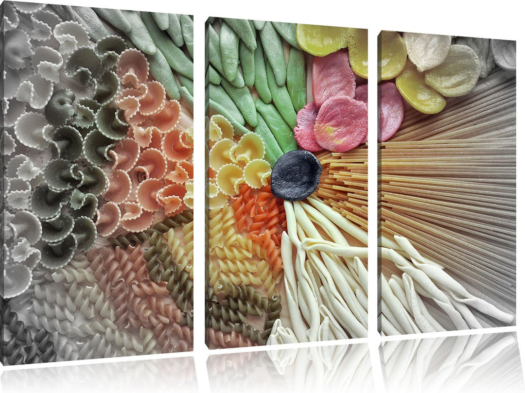 Pixxprint Zusammenstellung von bunten Nudeln / 3-Teilig/Gesamtmass 120cm Leinwandbild bespannt auf H