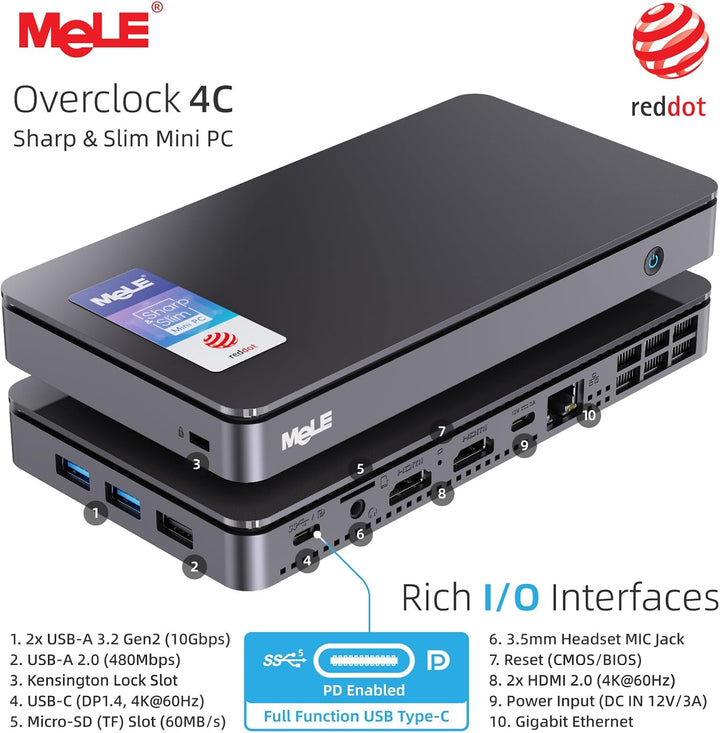 MeLE Mini-PC Overclock4C, Reddot-Gewinner 2024, Win 11 Pro N100 16GB 512GB, 4K-HDMI-Anzeige, USB-C P