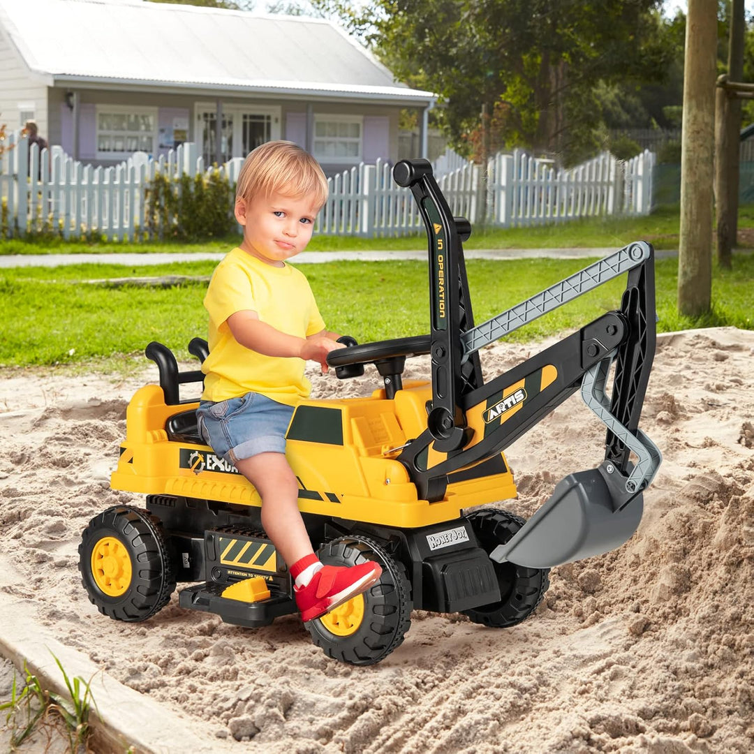COSTWAY 6V Kinder Sitzbagger mit drehbarer & Verstellbarer Schaufel, Elektro Kinderbagger mit LED Li