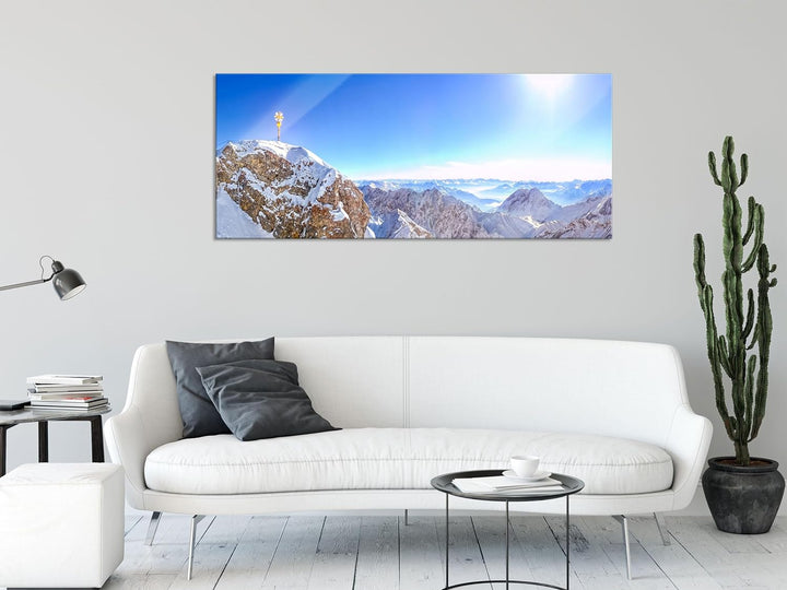 Glasbild Panorama | Wandbild aus Echtglas | Zugspitze im Sonnenlicht | 100x40 cm | inkl. Aufhängung