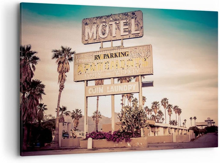 Bilder auf Leinwand 100x70cm Leinwandbild Amerika Motel Strasse Zeichen Gross Wanddeko Bild Schlafzi