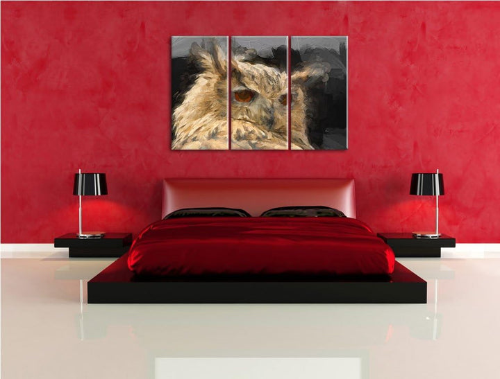 prächtige Waldohreule schwarz/weiss Deluxe 3-Teiler Leinwandbild 120x80 Bild auf Leinwand, XXL riesi