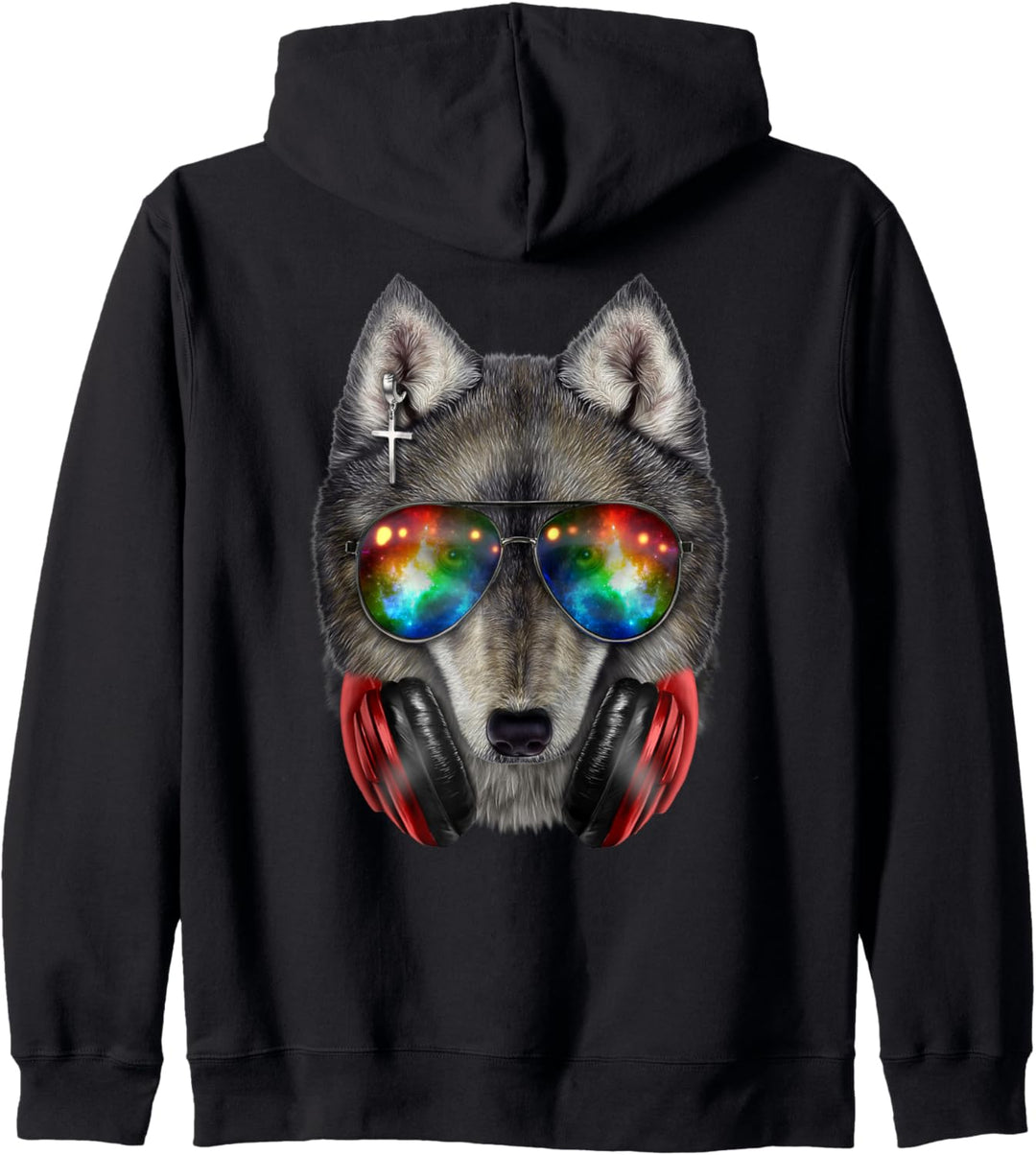 Grauer Wolf, die Raumsonnenbrille und Kopfhörer trägt Kapuzenjacke