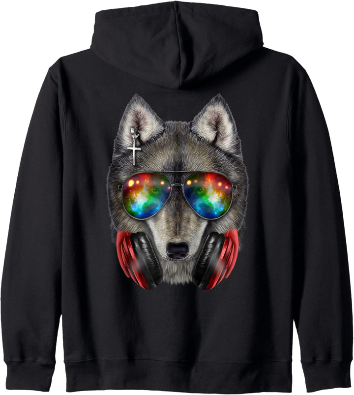 Grauer Wolf, die Raumsonnenbrille und Kopfhörer trägt Kapuzenjacke