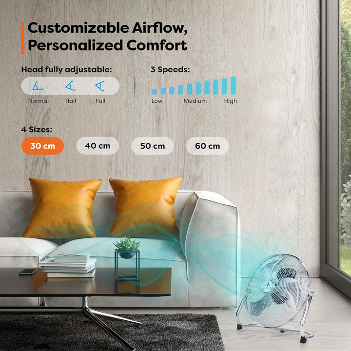 TRESKO AERSON Bodenventilator 30cm | Windmaschine mit 3-Leistungsstufen 55W | Standventilator Ventil