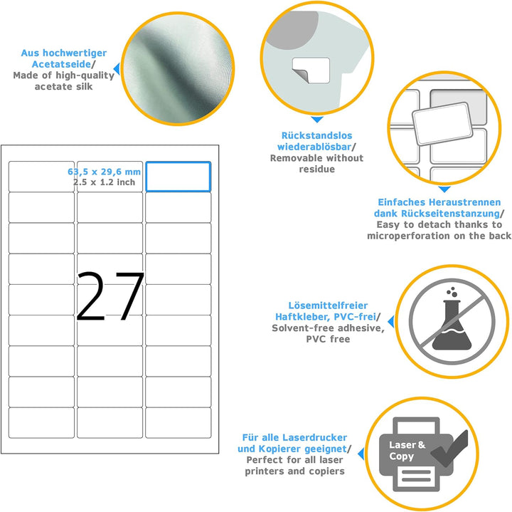 HERMA 4511 Namensetiketten ablösbar, 640 Blatt, 63,5 x 29,6 mm, 27 Stück pro A4 Bogen, 17280 Aufkleb
