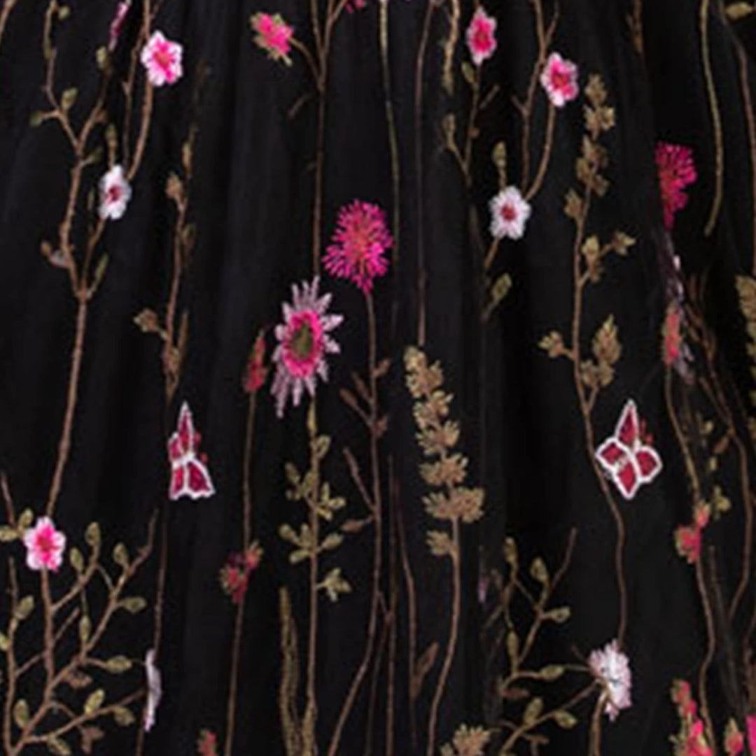 Ladies Maxi Dress for Women Plus Size Curve Embroidered Flowers Mesh Long Sleeve Bishop V Neckline S