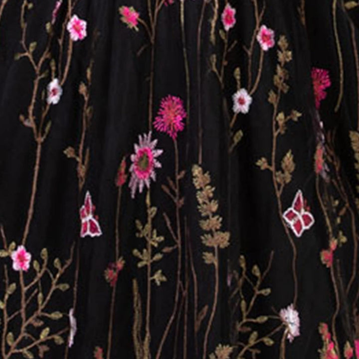 Ladies Maxi Dress for Women Plus Size Curve Embroidered Flowers Mesh Long Sleeve Bishop V Neckline S