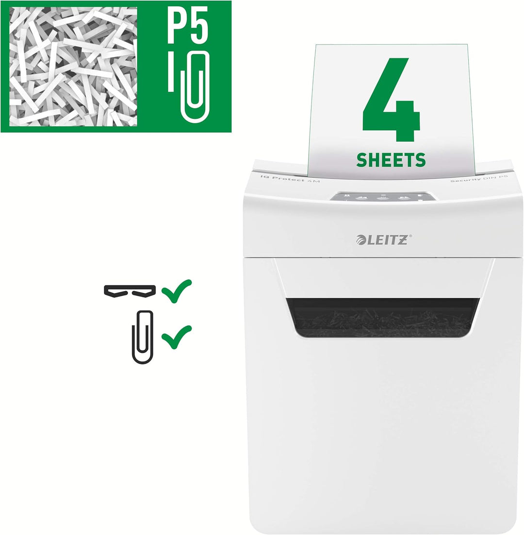 Leitz IQ 4M Premium Aktenvernichter P5 fürs Büro und Zuhause, Mikroschnitt, 4 Blatt, 14l-Abfallbehäl