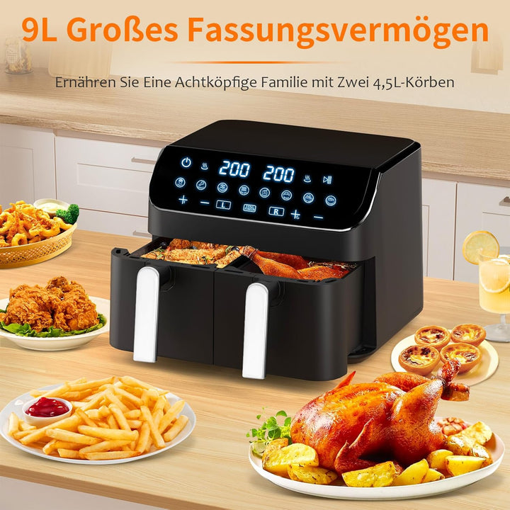 YASHE Dual Zone Heissluftfritteuse, 9L XL Kapazität Doppel-Airfryer mit Digital Control, 8-in-1 Koch