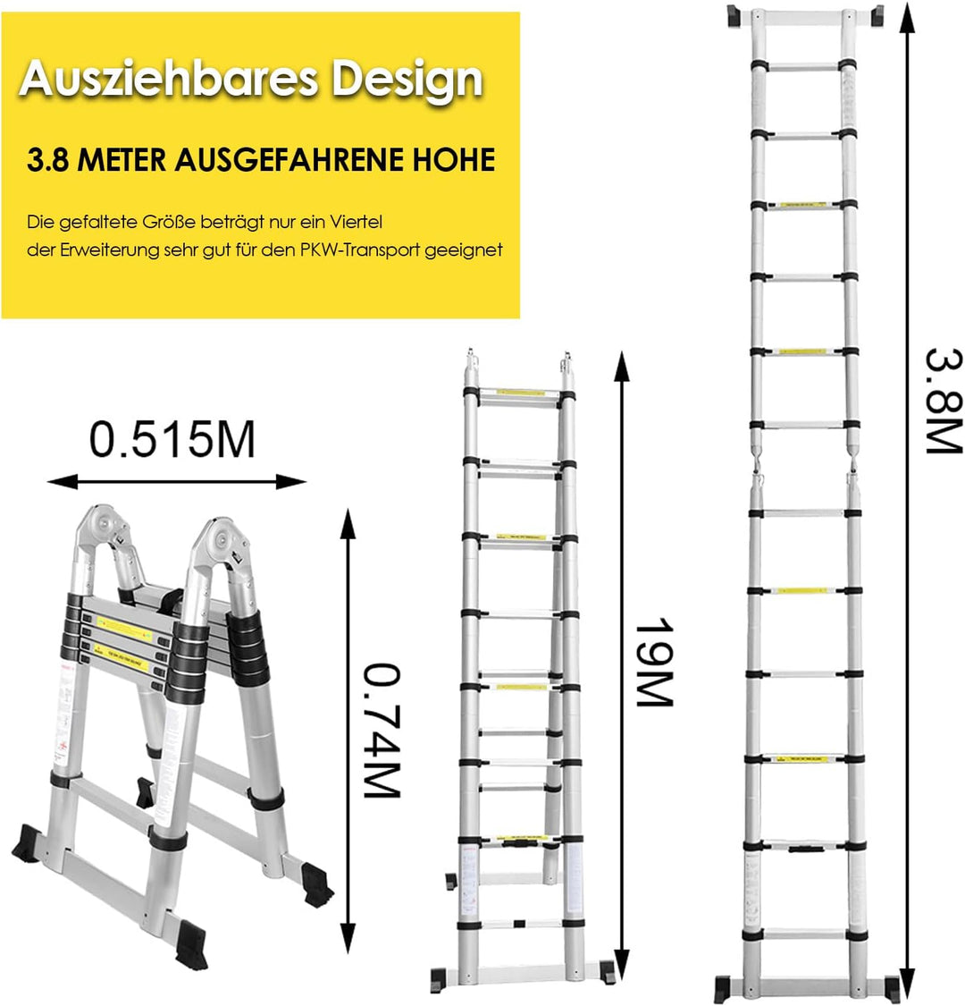 Ansobea Teleskopleiter Ausziehbare Leiter Aluminium, Rutschfester Klappleiter, Stehleiter Mehrzweckl