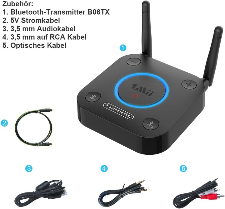 1Mii Bluetooth Transmitter TV, Grosse Reichweite Bluetooth Audio Sender mit Dual Antenna, aptX Low L