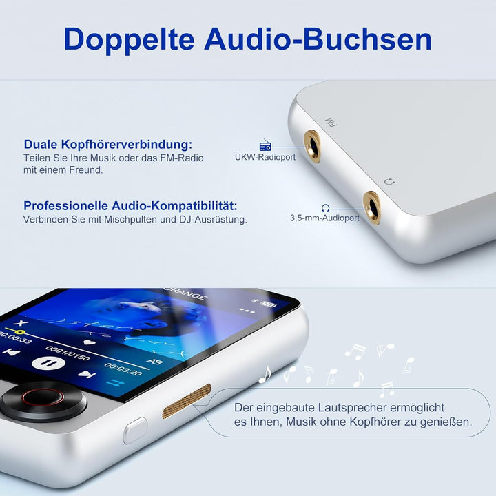 128GB MP3-Player mit Bluetooth 5.3, Verlustfreier HiFi-Musikplayer mit Zwei Kopfhöreranschlüssen, HD