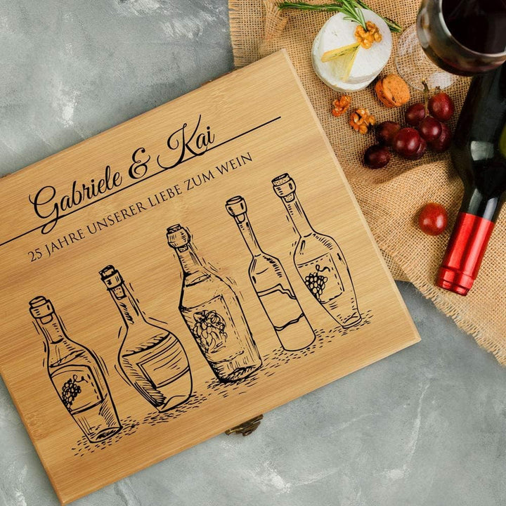 Maverton Weinöffner-Set personalisiert Weinset Sommelier Set - Geschenkbox Holzbox + 6er Weinzubehör