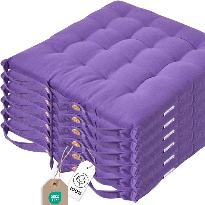 Homescapes 6er Set Stuhlkissen 40 x 40 cm, lila, Sitzkissen mit Bändern und Knopfverschluss, einfarb