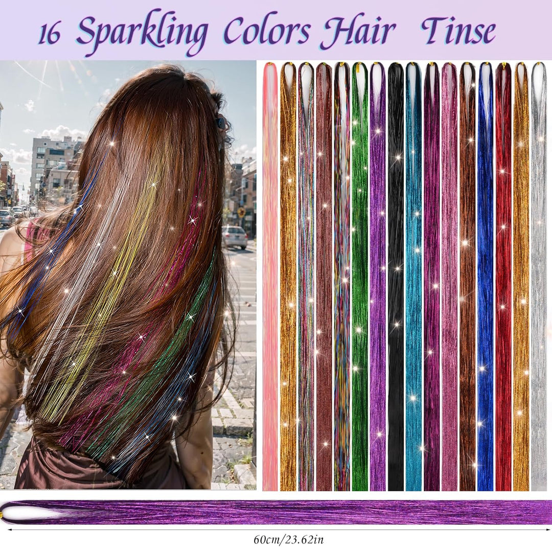 3200 Hair Tinsel,48 Inches Haar Lametta mit Werkzeug,16 Farben Glitzer Haarsträhnen zum Flechten Haa