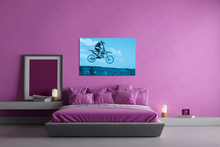 deyoli Motocross Stunt Format 80x60 Effekt: Monocrome Blau als Leinwandbild, Motiv fertig gerahmt au