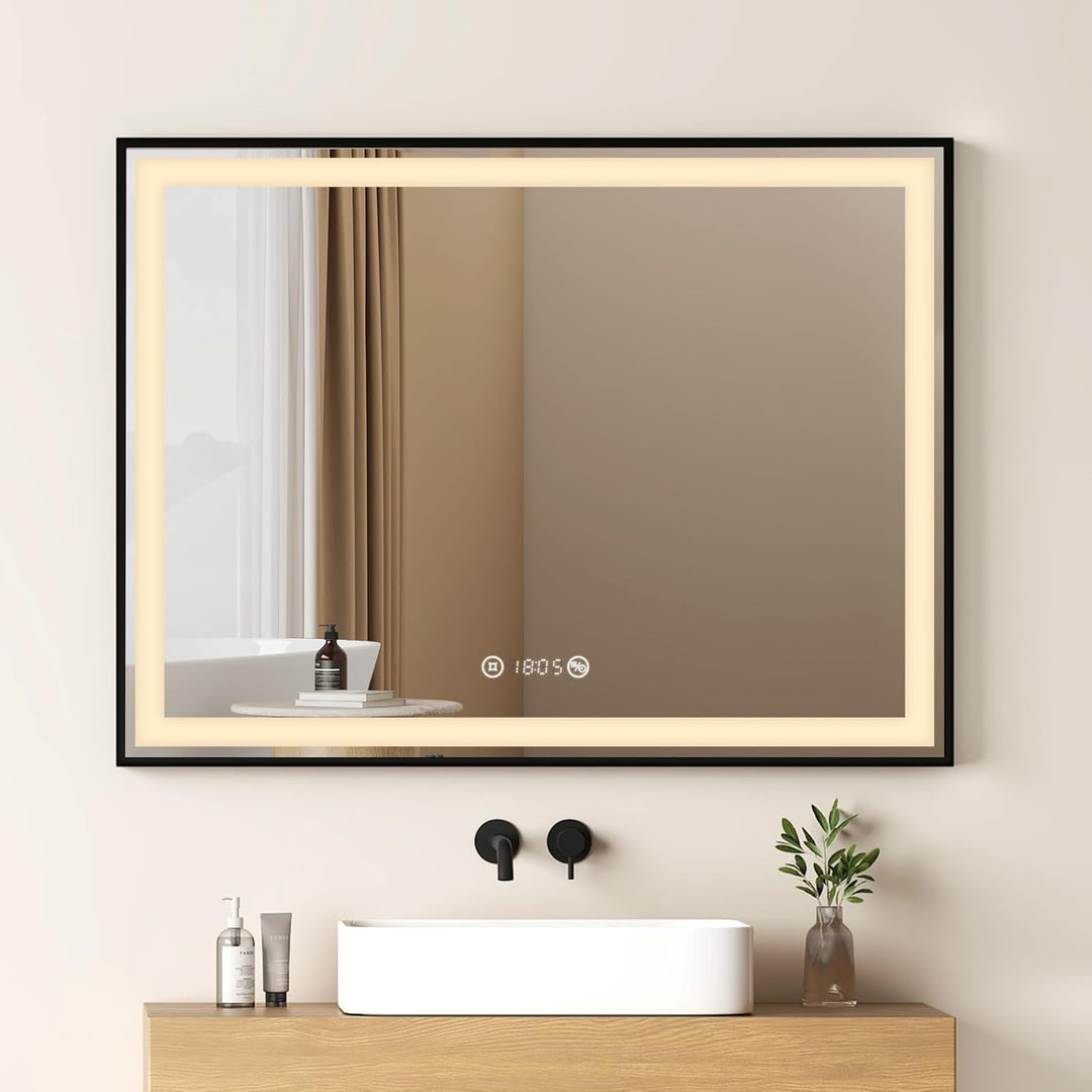 EMKE Badspiegel mit Beleuchtung 80x60cm Badspiegel Schwarzer Rand LED Badezimmerspiegel mit Touch, A