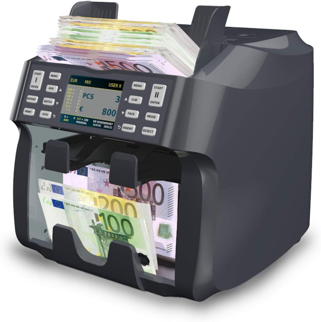 Detectalia V800 Banknotenzähler und Sortiergerät EUR, GBP, USD, CHF, MAD, Integrierter Thermodrucker