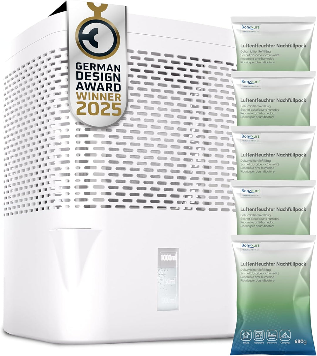 BonAura® AirOne Luftentfeuchter ohne Strom bis 23m² I 360° Belüftung I Raumentfeuchter mit Ausgiesse