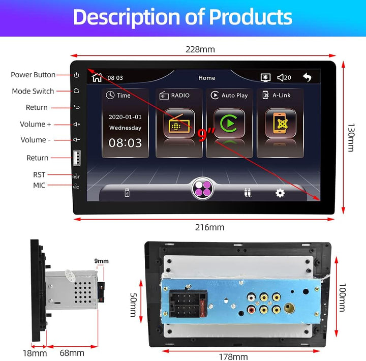 Podofo 1 Din Autoradio mit Apple Carplay und Android Auto 9 Zoll Single Din Autoradio mit Bildschirm