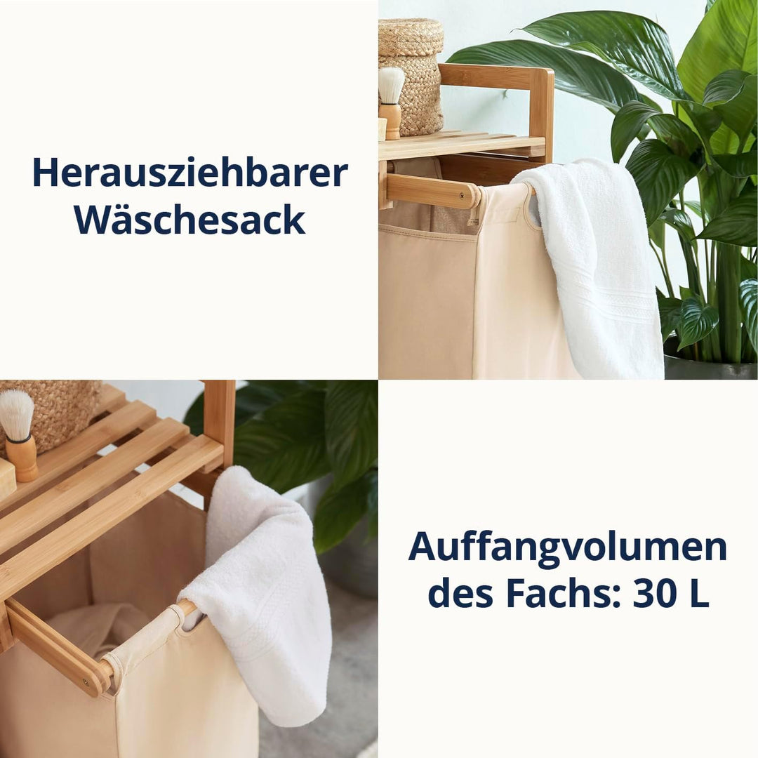 Lumaland Wäschekorb Bambus mit ausziehbarem Wäschesack | Pflegeleichtes Material, unempfindlich gege