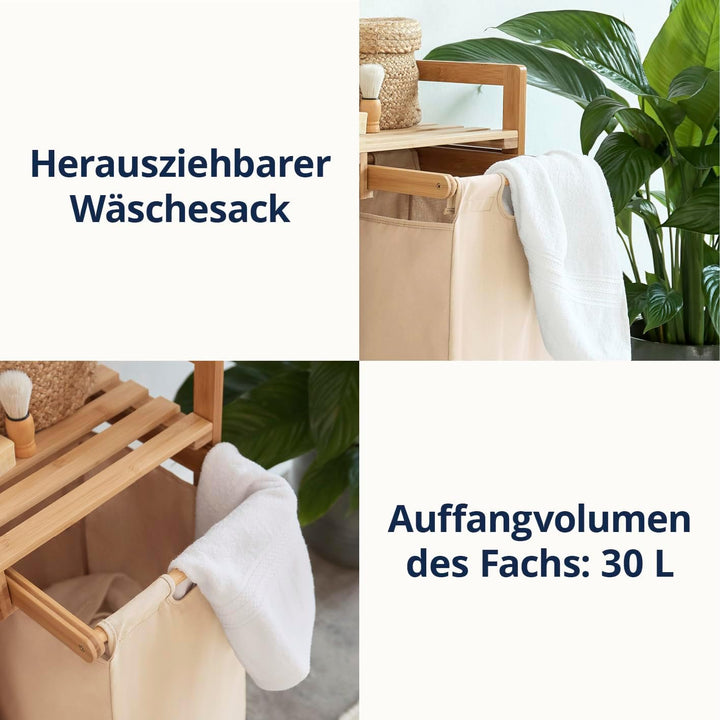 Lumaland Wäschekorb Bambus mit ausziehbarem Wäschesack | Pflegeleichtes Material, unempfindlich gege