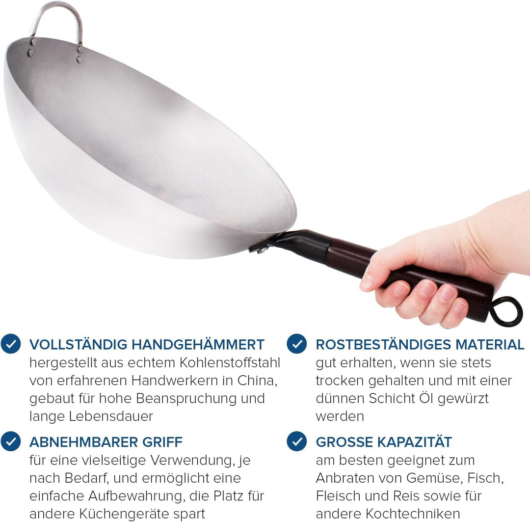 joeji's Kitchen Handgehämmerter Wok aus Kohlenstoffstahl mit abnehmbarem Griff – rostbeständiger Wok