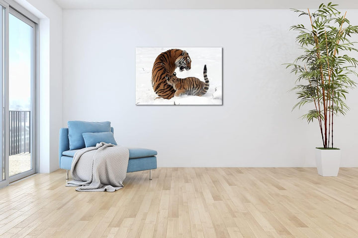 deyoli Tigermutter mit Jungtier in schöner Schneelandschaft im Format: 80x60 als Leinwandbild, Motiv