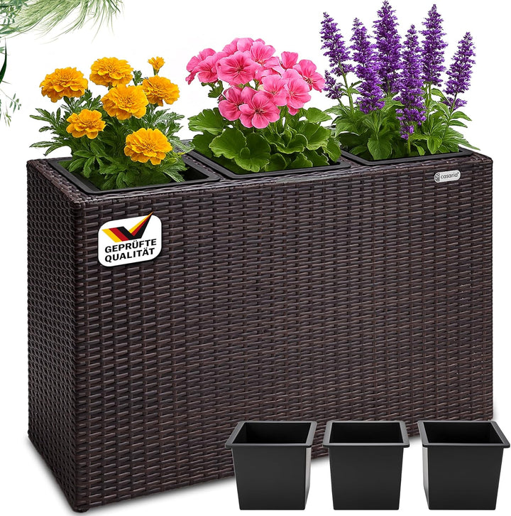 Casaria® Blumenkasten 3 Innentöpfe Polyrattan Herausnehmbar Wasserablauf Outdoor Rechteckig Pflanzka