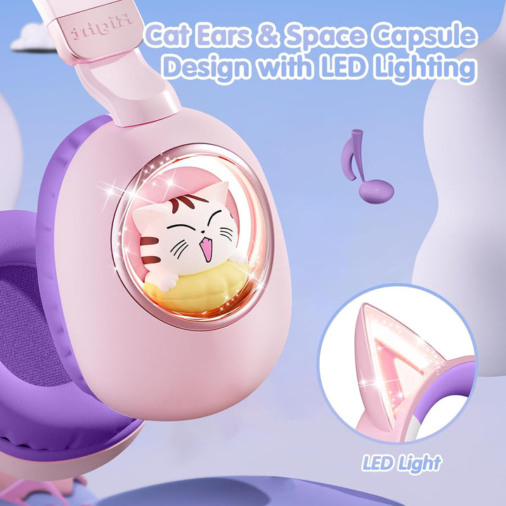 sunvito Kinder Kopfhörer Bluetooth 5.4, LED Beleuchtetes Katzenohr, Faltbarer Over-Ear Kopfhörer mit