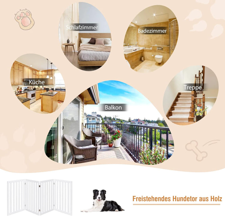 COSTWAY Absperrgitter Hunde 89cm Hoch, 4 Paneelen Schutzgitter Holz, Kindergitter klappbar, Treppeng