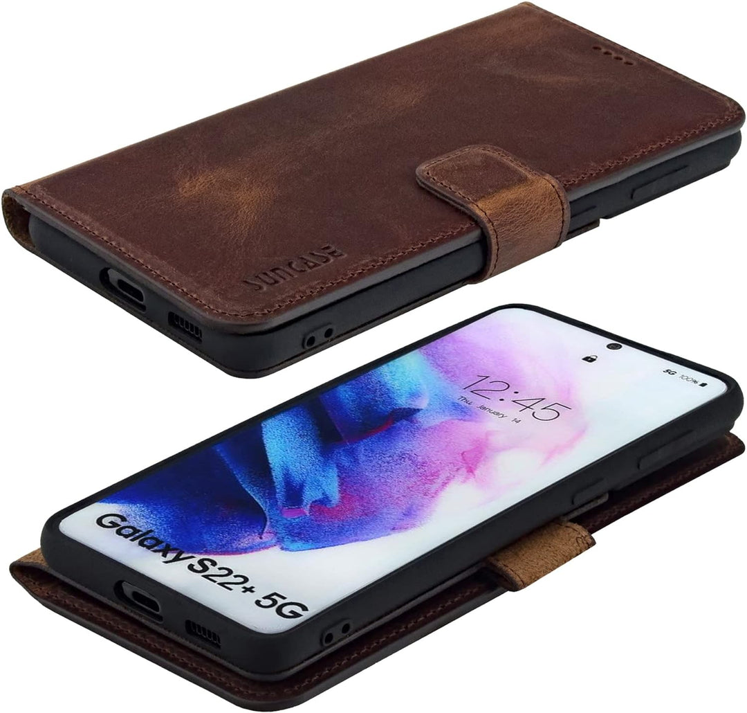 Suncase Book-Style Hülle kompatibel mit Samsung Galaxy S22 Plus 5G Leder Tasche (Slim-Fit) Lederhüll
