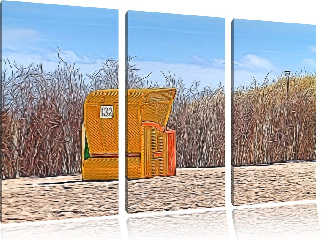 gelber Strandkorb NewArt 3-Teiler Leinwandbild 120x80 Bild auf Leinwand, XXL riesige Bilder fertig g
