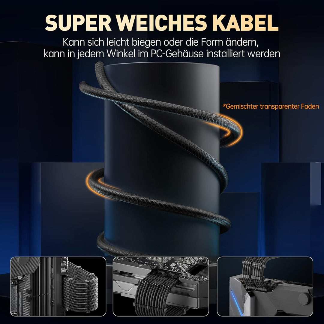 AsiaHorse PSU Cable Extension for Power Supply with Transparent Plug and Cable Combs 24 Pin/2 x 8 Pi