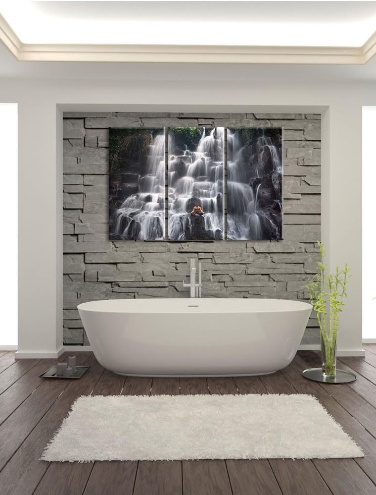 Pixxprint Yoga am Wasserfall in Bali als Leinwandbild/Grösse: 3Teilig / Wandbild/Kunstdruck/fertig b