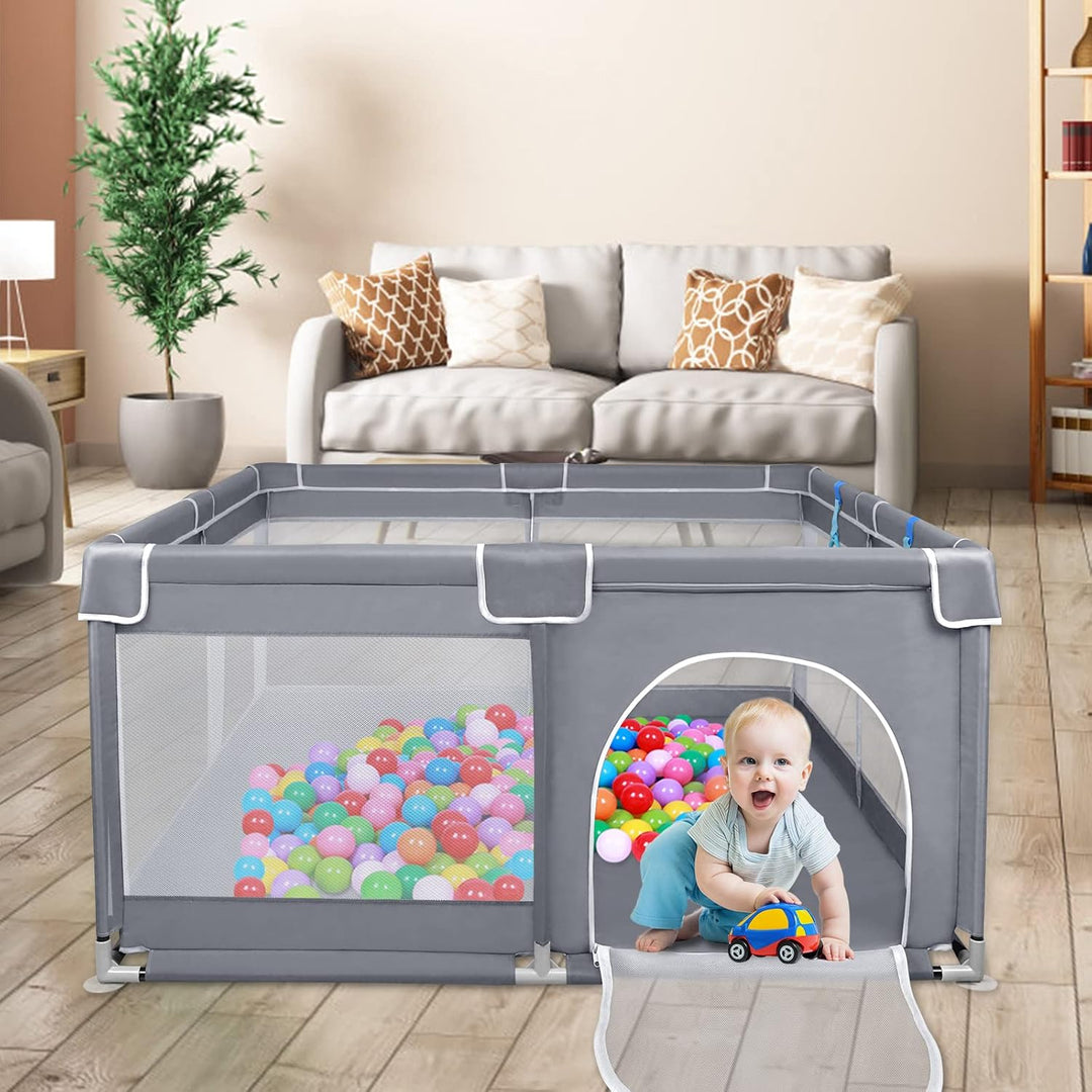 NAIZY Baby Laufstall L Laufgitter Grau Absperrgitter mit Rutschfester Basis und Atmungsaktivem Netz