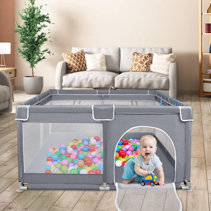 NAIZY Baby Laufstall L Laufgitter Grau Absperrgitter mit Rutschfester Basis und Atmungsaktivem Netz