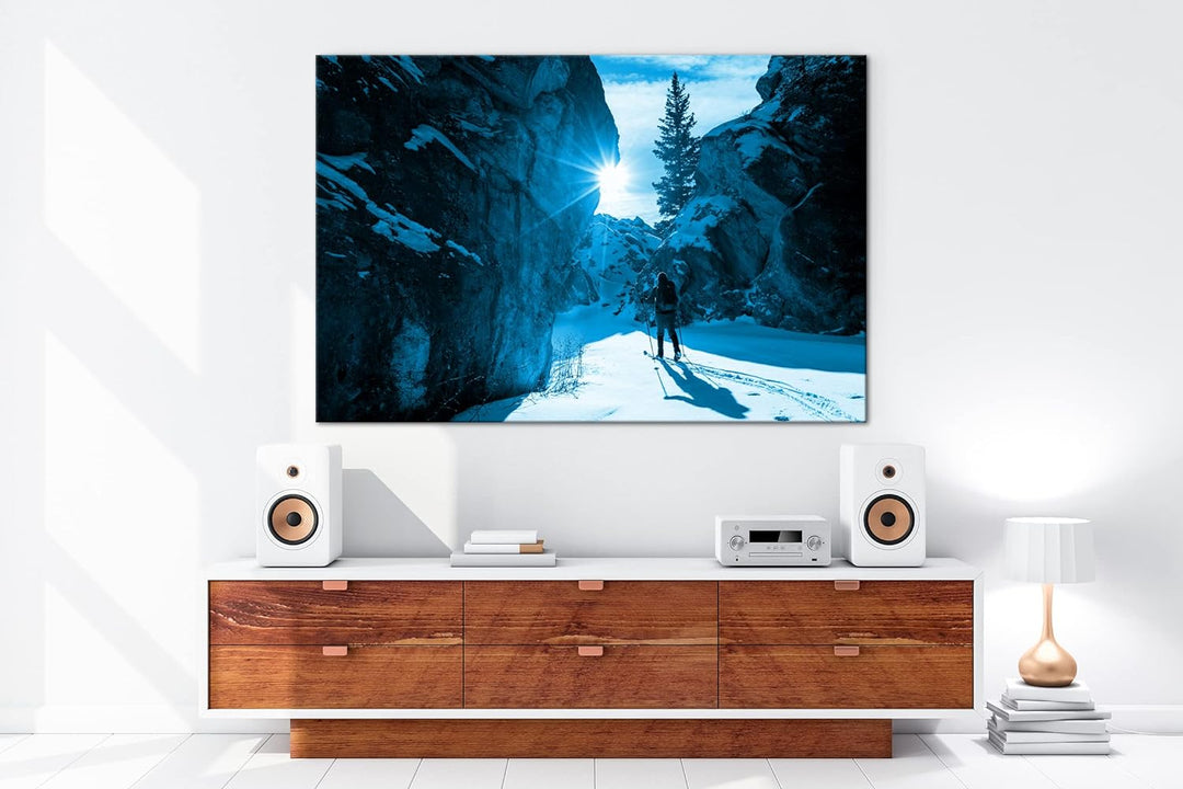 deyoli schneebedeckter Schneepass Format 80x60 Effekt: Monocrome Blau als Leinwandbild, Motiv fertig