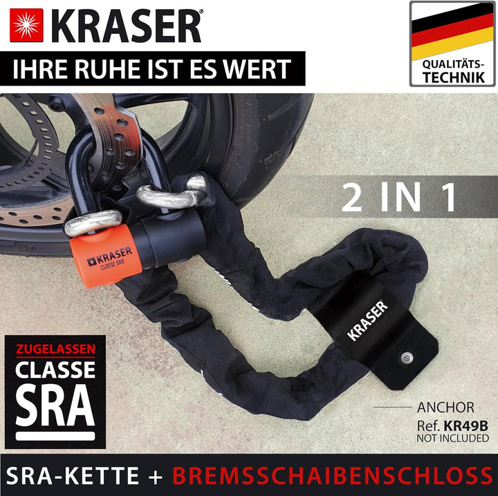 KRASER KR50150 Kettenschloss Schloss Motorrad-Scheibensperre gegen Diebstahl Mini U ø18 + Kette 150