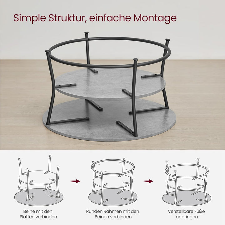 VASAGLE Couchtisch rund, Wohnzimmertisch, Sofatisch mit Ablage, einfacher Aufbau, Metall, Industrie-