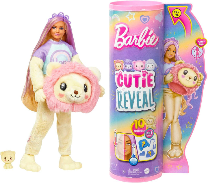 Barbie Cutie Reveal Puppe - Plüschlöwe mit 10 Überraschungen, bewegliche Puppe mit Accessoires, inkl