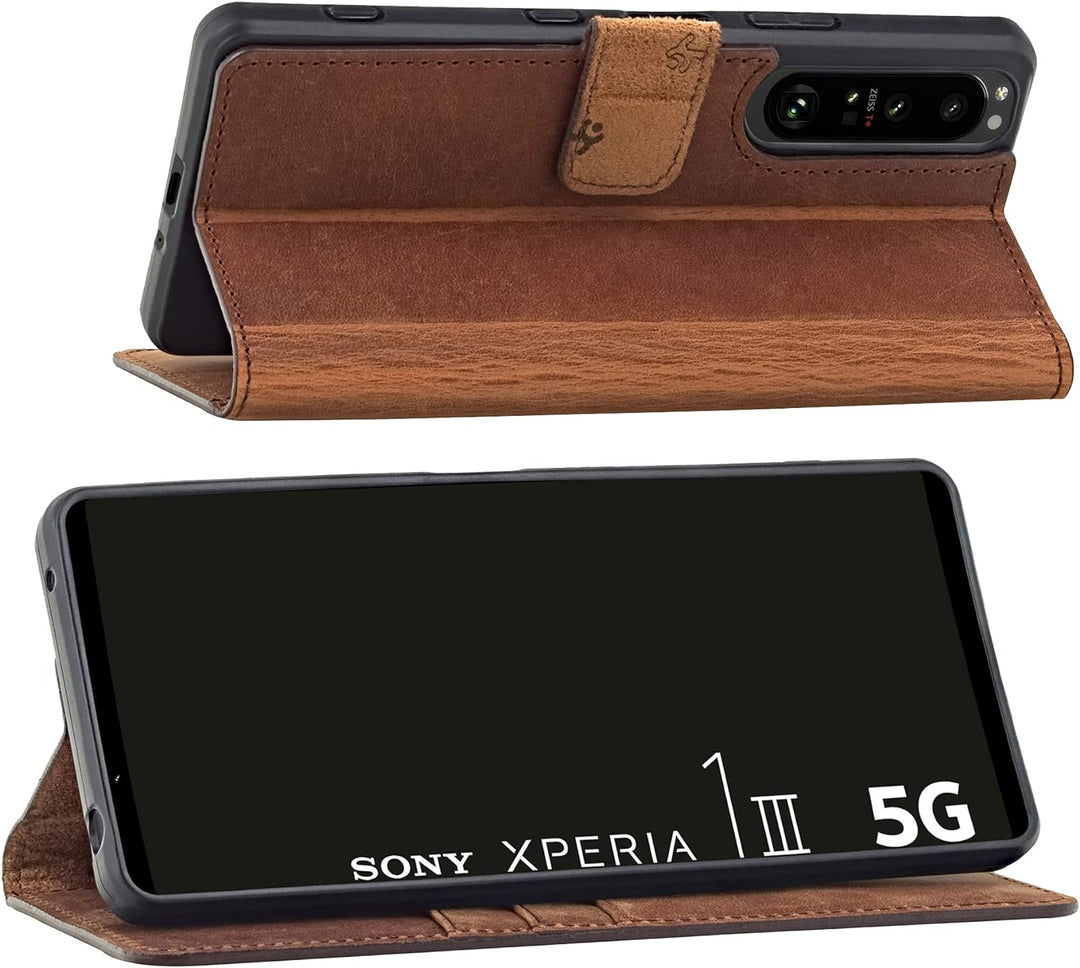 Suncase Book-Style Hülle kompatibel mit Sony Xperia 1 III 3 (2021) Leder Tasche (Slim-Fit) Lederhüll