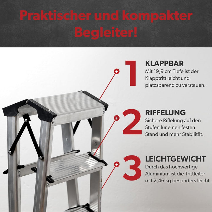siwitec Trittleiter 2 x 3 Stufen, Alu Klapptritt, leichte Aluminium Leiter beidseitig begehbar, Haus