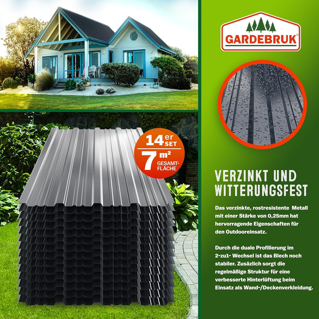 GARDEBRUK® 14x Trapezblech 110x46cm = 7m² Verzinkt Rostresistent Wetterfest Profilblech Dachblech We