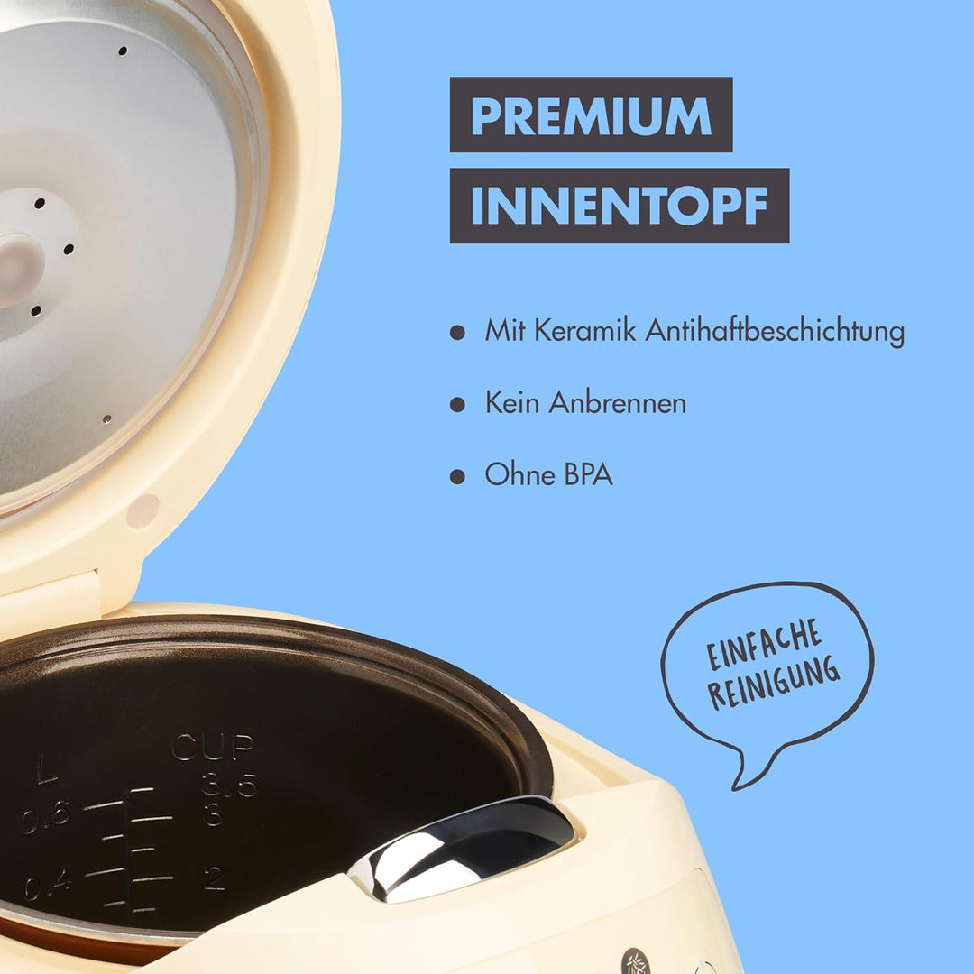 REISHUNGER Digitaler Reiskocher klein, hellgelb | 0,6 L bis 3 Personen | Warmhaltefunktion, Timer &