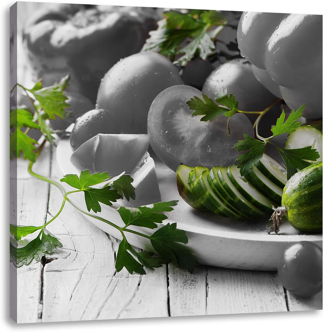 Gemüseteller mit Paprika Tomate und Zucchini schwarz/weiss, Format: 70x70 als Leinwandbild, tolle Bi