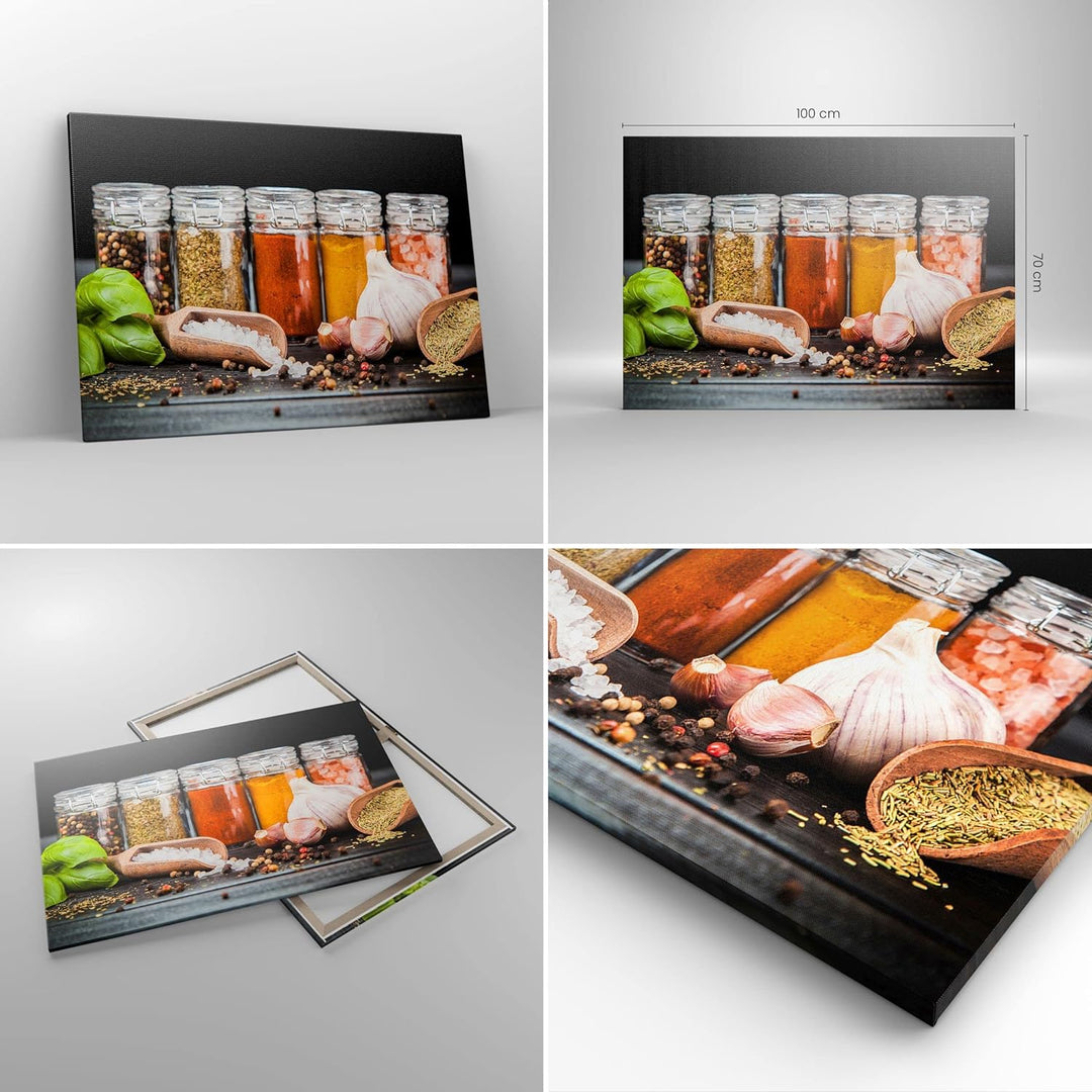 Bilder auf Leinwand 100x70cm Leinwandbild Gewürze Knoblauch Holz Salz Gross Wanddeko Bild Schlafzimm